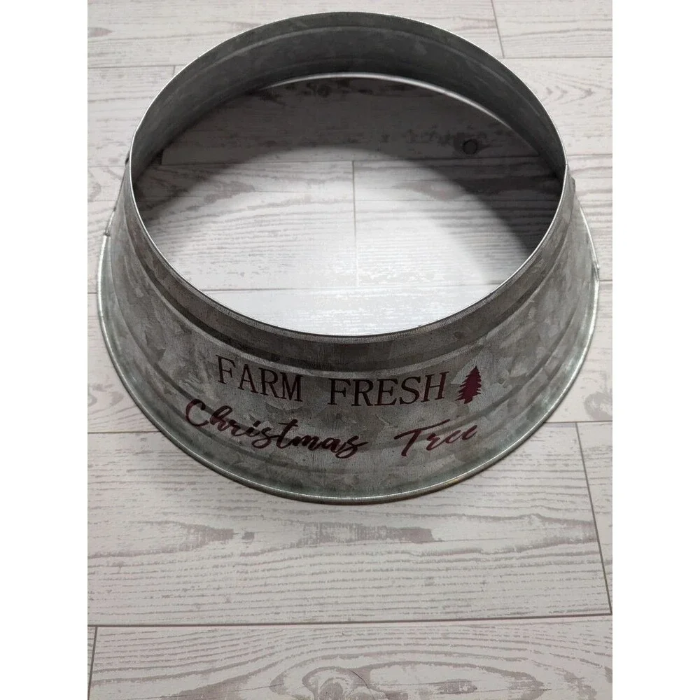 Silver Galvanized Metal Red “Farm Fresh Christmas Trees” Farmhouse Collar Skirt